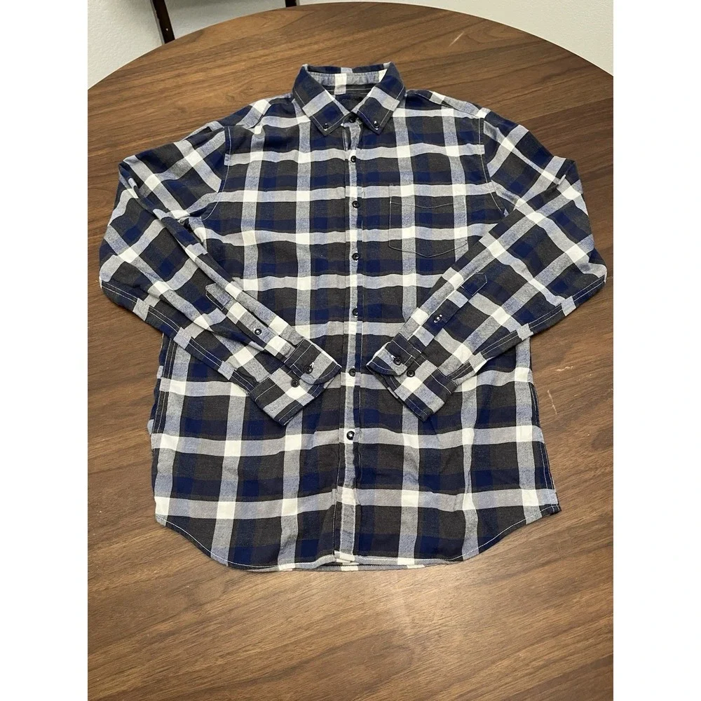 Banana Republic Men's M Luxe Flannel Shirt Untucked Slim Fit Navy Blue Plaid